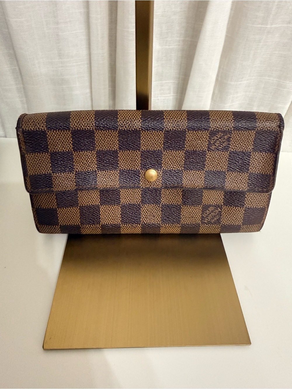 Louis Vuitton Damier Ebene Sarah Long Flap Wallet Fold Over Gold Snap Wallet